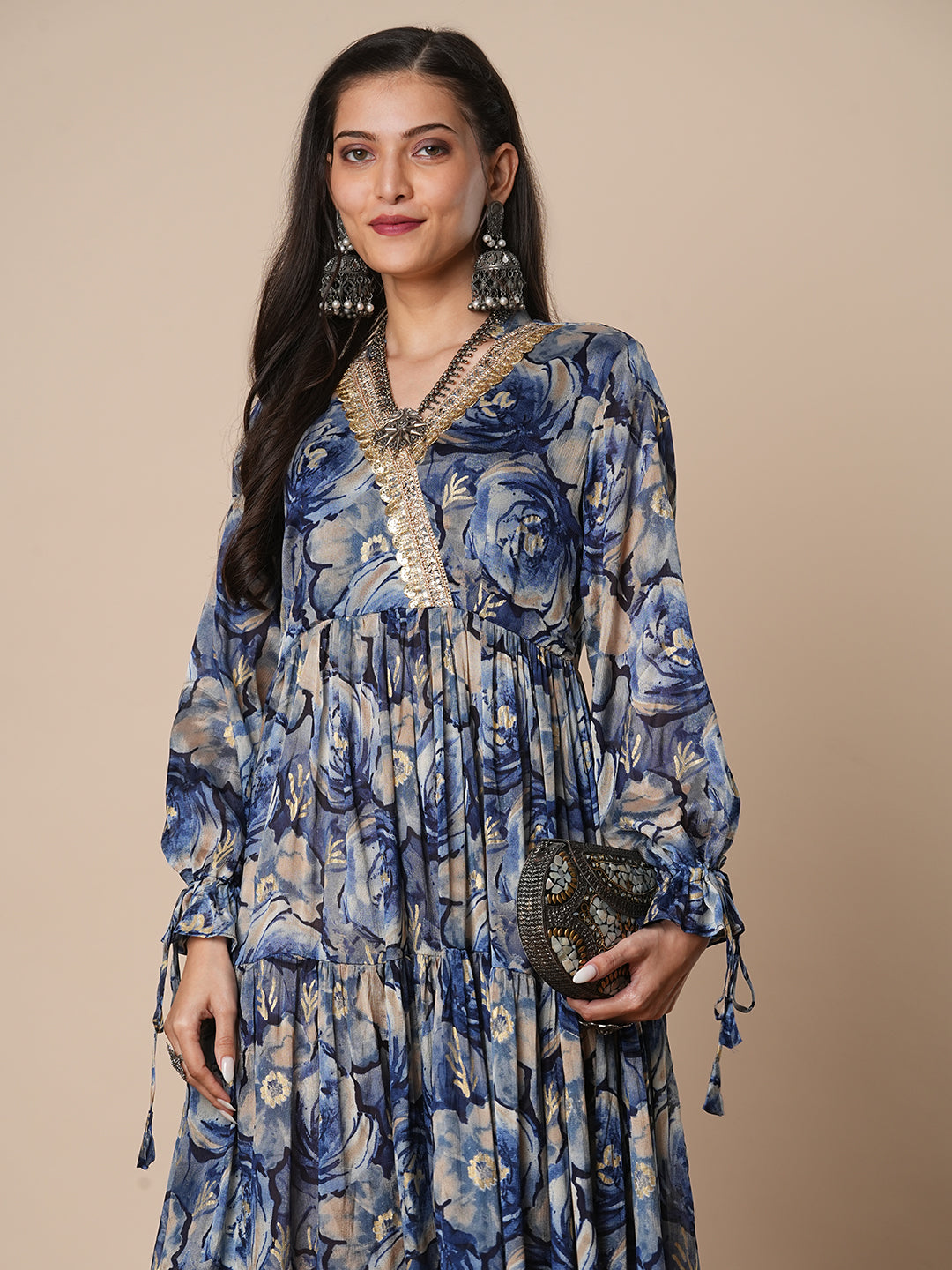 Abstract Floral Foil Printed A-Line Pleated Maxi Dress - Blue