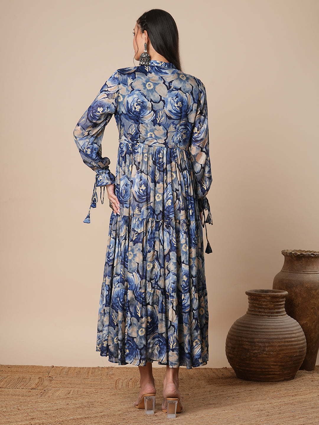 Abstract Floral Foil Printed A-Line Pleated Maxi Dress - Blue