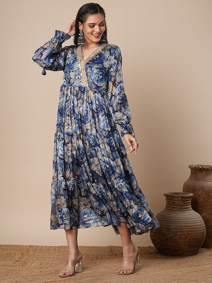 Abstract Floral Foil Printed A-Line Pleated Maxi Dress - Blue