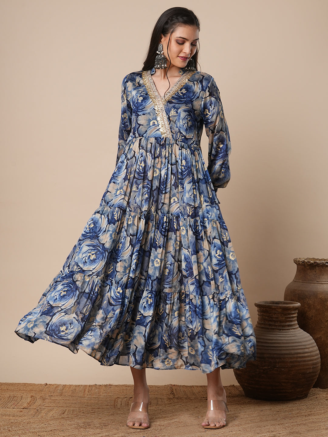 Abstract Floral Foil Printed A-Line Pleated Maxi Dress - Blue