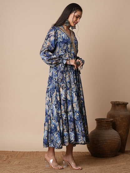 Abstract Floral Foil Printed A-Line Pleated Maxi Dress - Blue