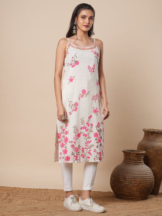Ethnic Printed & Embroidered Straight Fit Kurta - Off White