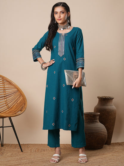 Solid Ethnic Embroidered Straight Kurta with Pant - Teal