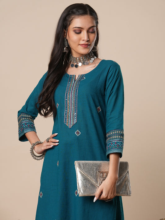 Solid Ethnic Embroidered Straight Kurta with Pant - Teal
