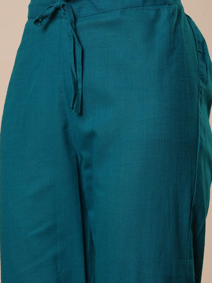 Solid Ethnic Embroidered Straight Kurta with Pant - Teal