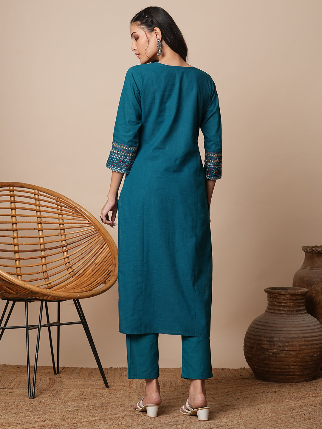 Solid Ethnic Embroidered Straight Kurta with Pant - Teal