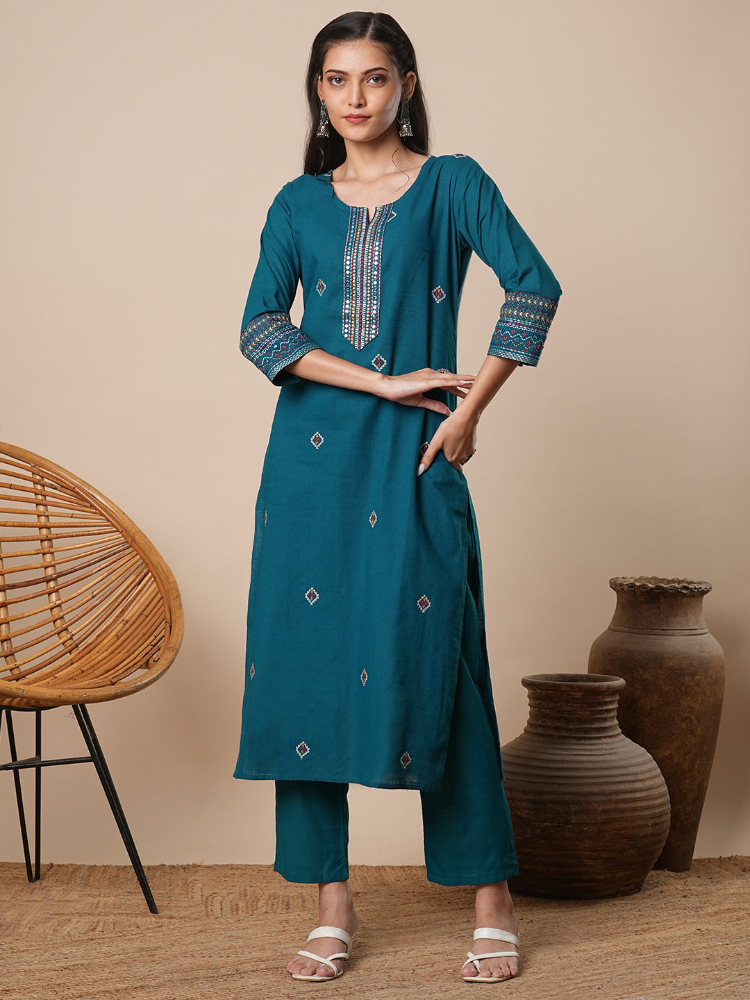 Solid Ethnic Embroidered Straight Kurta with Pant - Teal