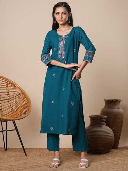 Solid Ethnic Embroidered Straight Kurta with Pant - Teal