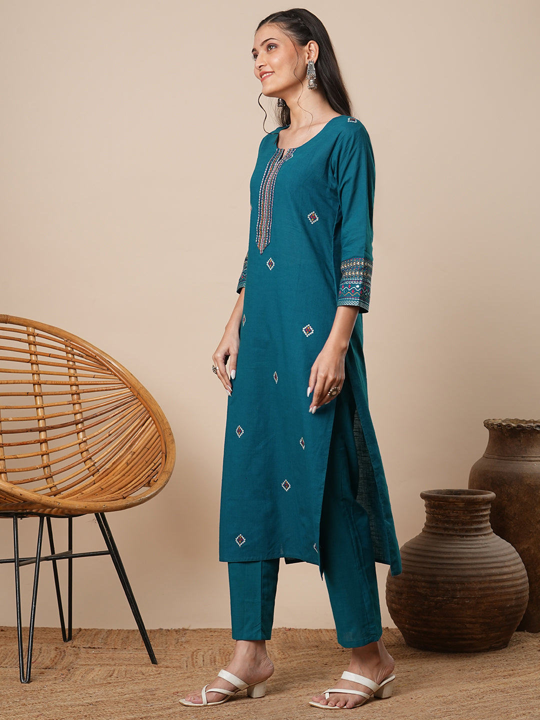 Solid Ethnic Embroidered Straight Kurta with Pant - Teal