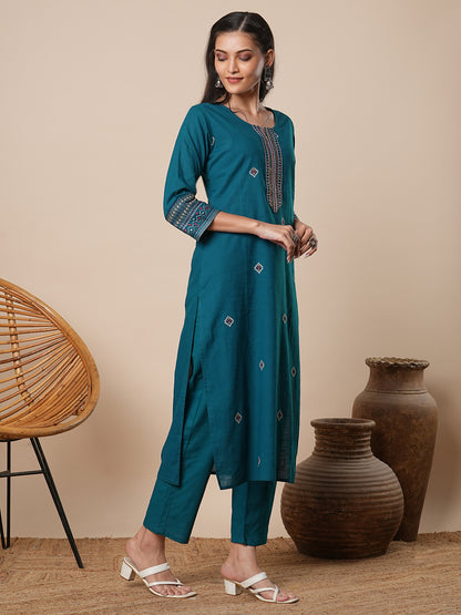 Solid Ethnic Embroidered Straight Kurta with Pant - Teal