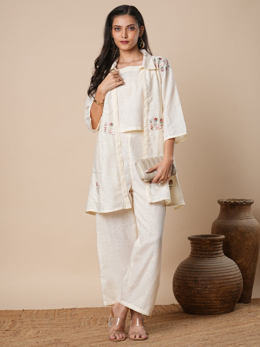 Solid Floral Embroidered A-Line Jacket with Crop Top & Palazzo - Off White