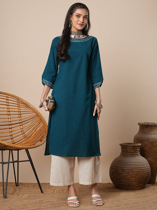 Solid Thread Embroidered Straight Fit Kurta with Palazzo - Teal Blue