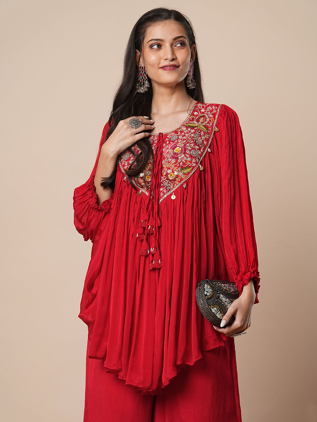 Solid Ethnic Hand Embroidered A-Line Pleated Cape Top with Palazzo - Red