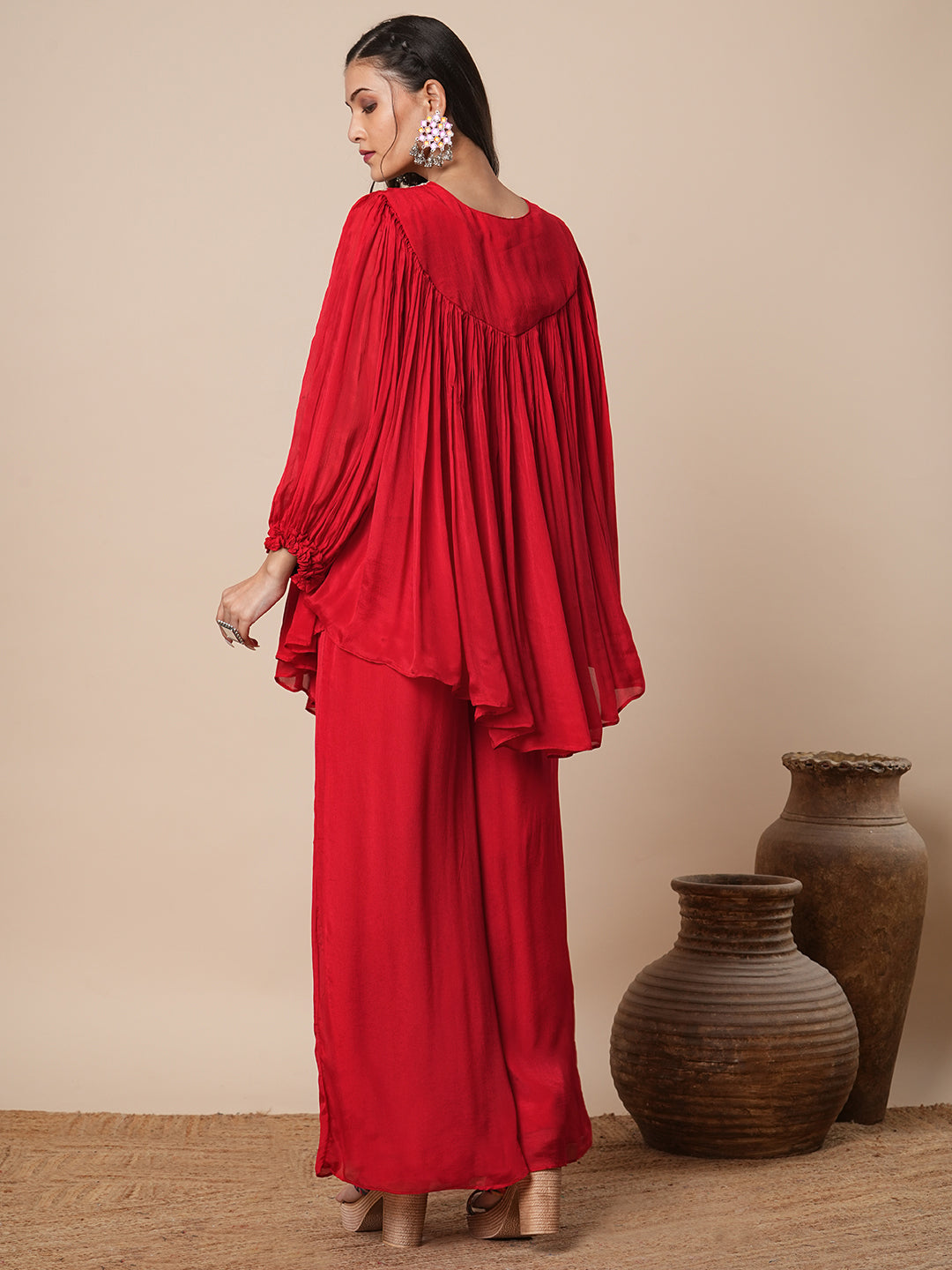 Solid Ethnic Hand Embroidered A-Line Pleated Cape Top with Palazzo - Red