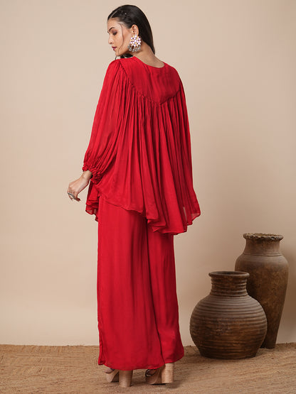 Solid Ethnic Hand Embroidered A-Line Pleated Cape Top with Palazzo - Red