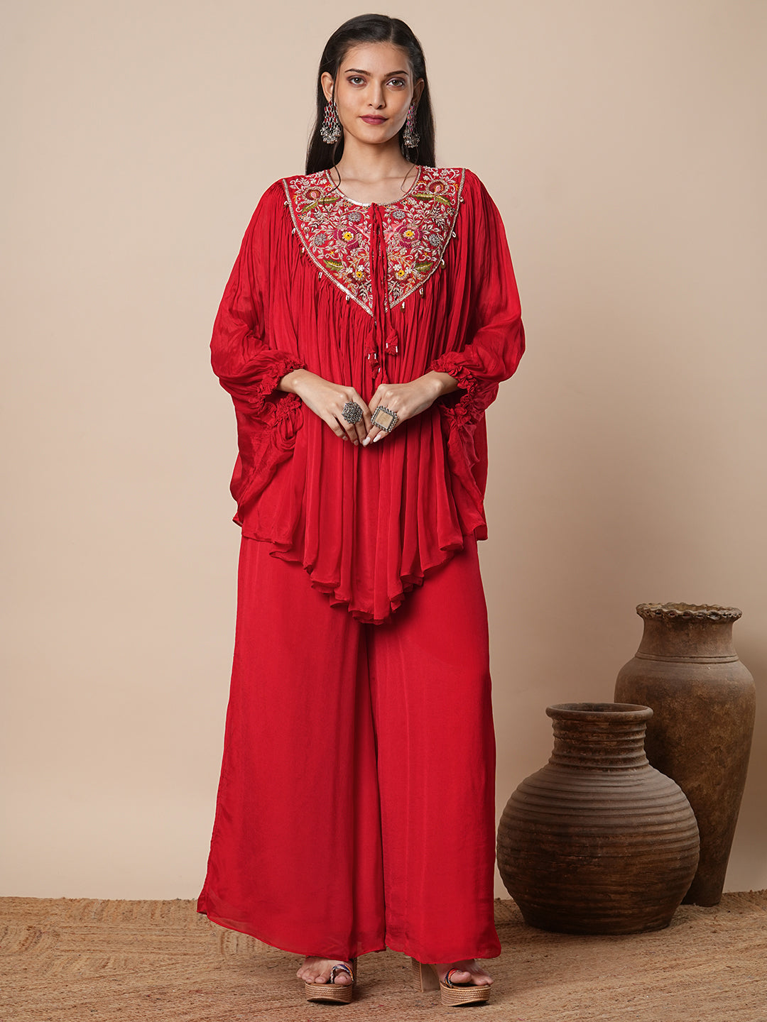 Solid Ethnic Hand Embroidered A-Line Pleated Cape Top with Palazzo - Red