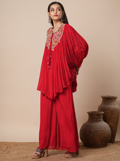 Solid Ethnic Hand Embroidered A-Line Pleated Cape Top with Palazzo - Red