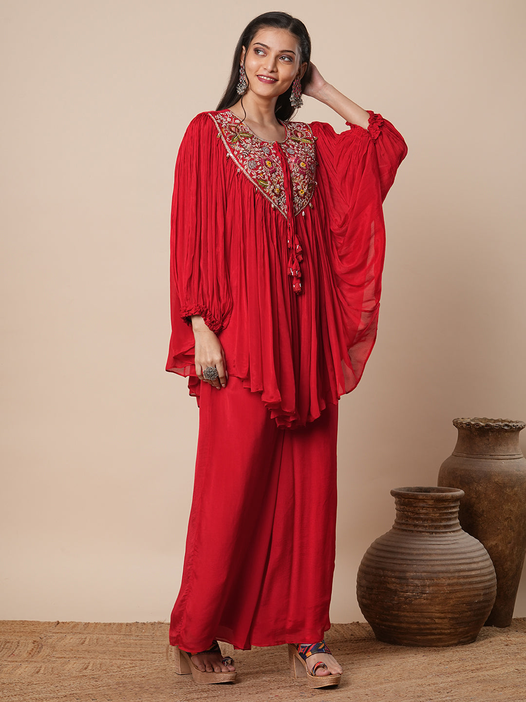 Solid Ethnic Hand Embroidered A-Line Pleated Cape Top with Palazzo - Red