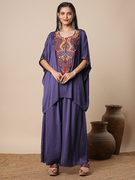 Solid Ethnic Hand Embroidered Kaftan Kurta Co-ord Set - Blue