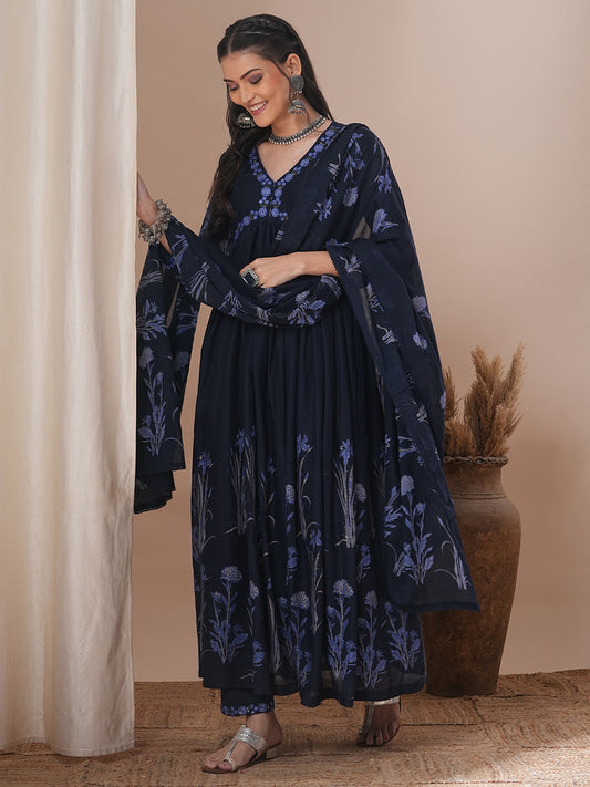 Floral Printed A-Line Pleated Kurta with Pant and Dupatta - Navy Blue