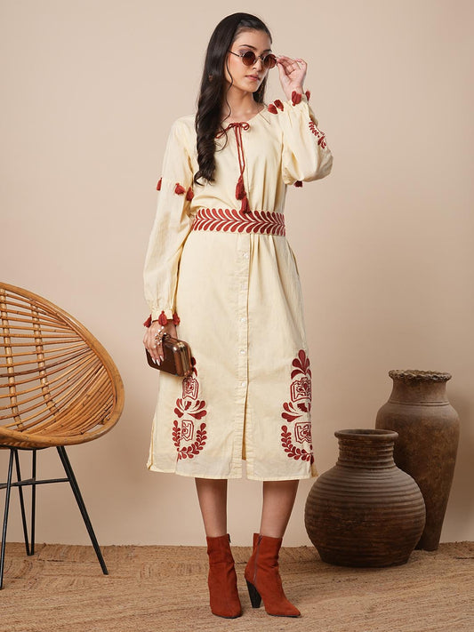Solid Ethnic Embroidered A-Line Midi Dress with Belt - Cream