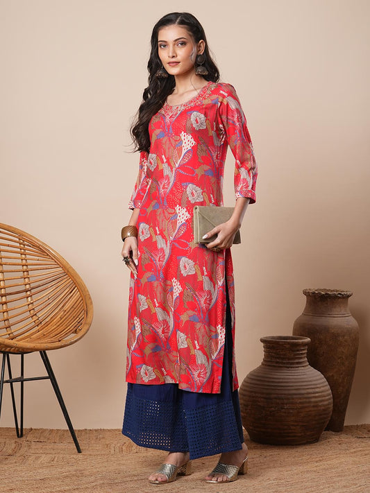 Abstract Floral Printed & Zari Embroidered Straight Fit Kurta - Coral