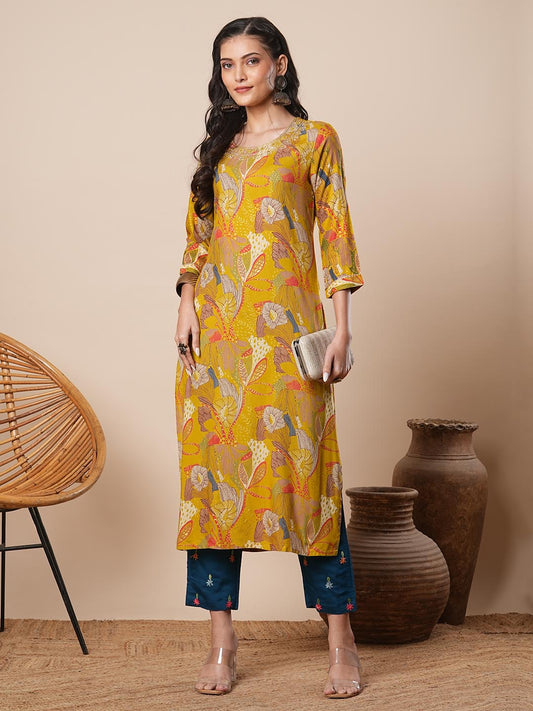 Abstract Floral Printed & Zari Embroidered Straight Fit Kurta - Mustard