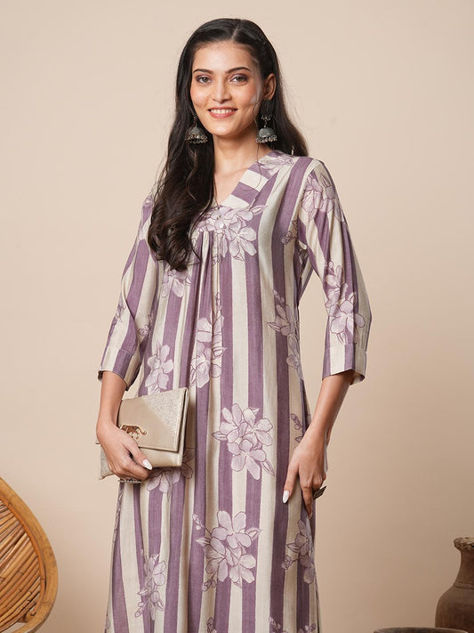 Abstract Floral Stripes Printed A-Line Pleated Kurta - Lavender