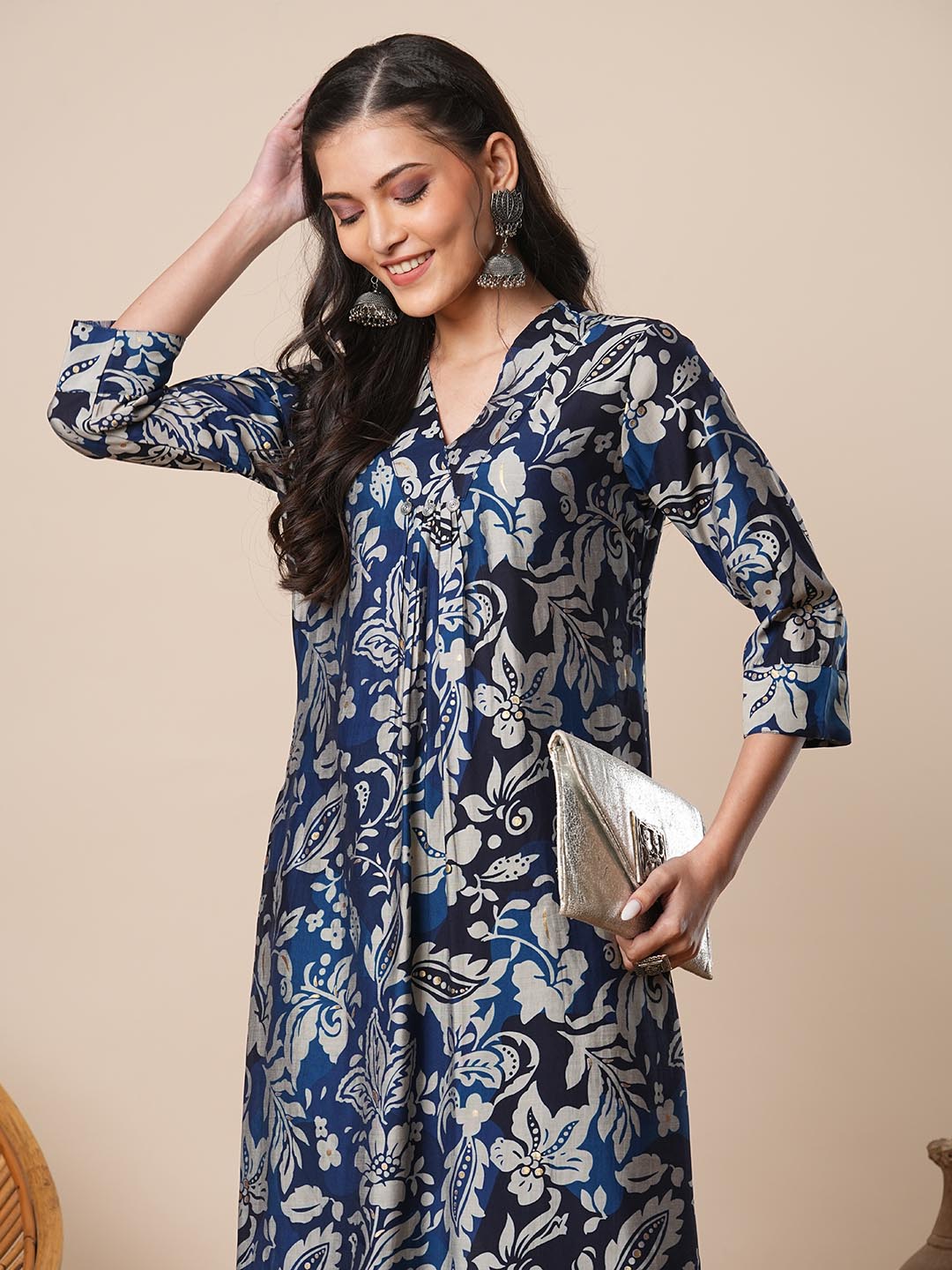 Abstract Floral Printed A-Line Kurta with Pant - Navy Blue