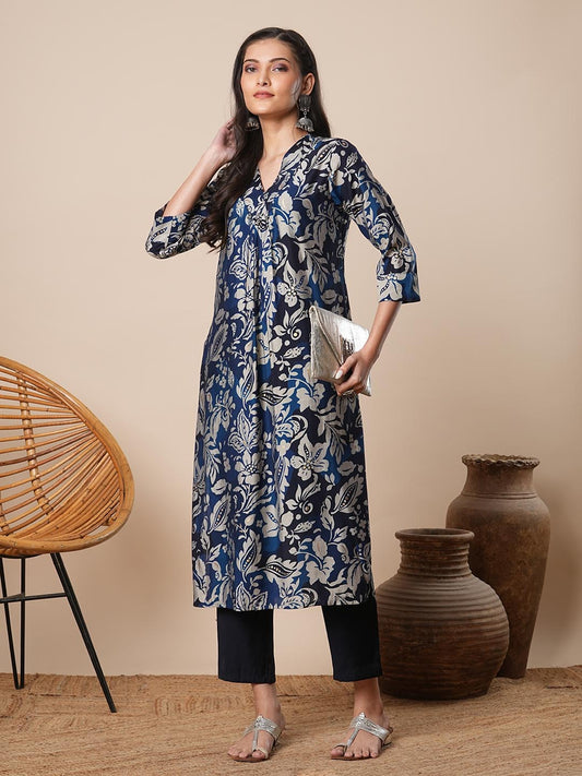 Abstract Floral Printed A-Line Kurta with Pant - Navy Blue
