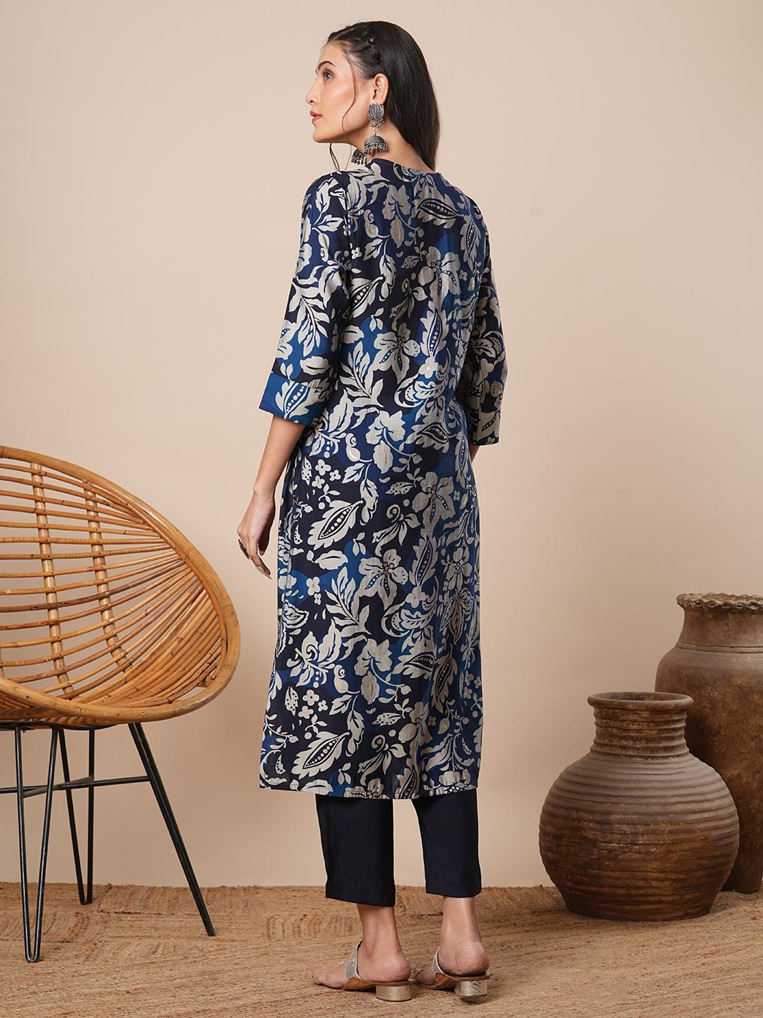 Abstract Floral Printed A-Line Kurta with Pant - Navy Blue