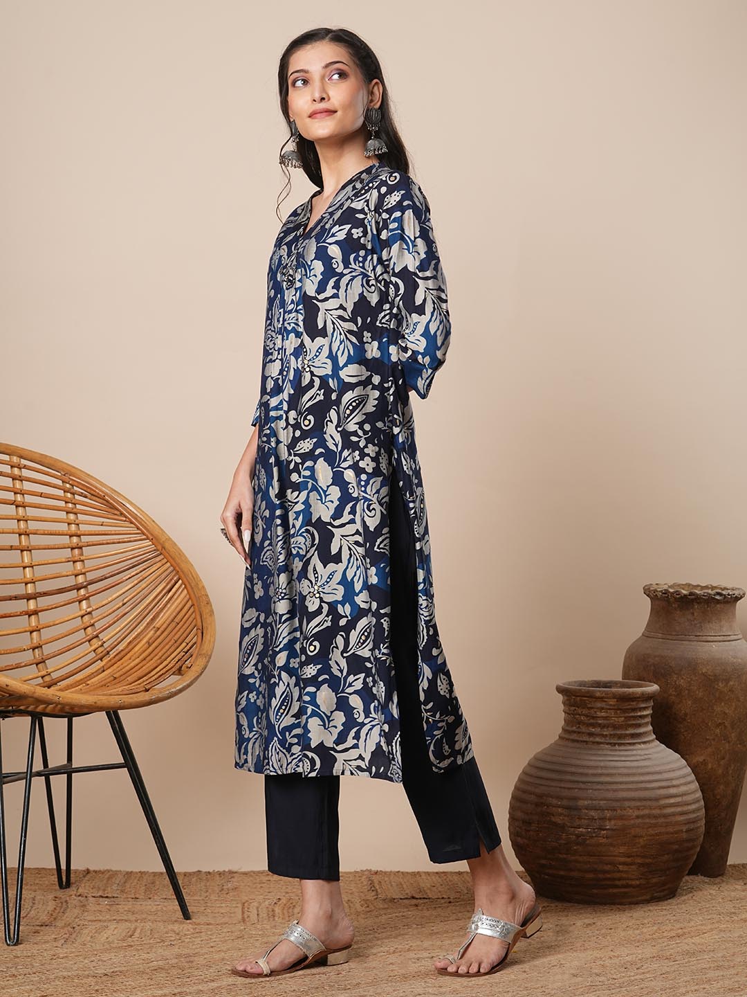 Abstract Floral Printed A-Line Kurta with Pant - Navy Blue