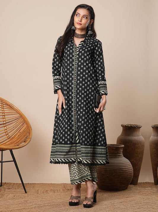 Ethnic Floral Printed A-Line Kurta with Palazzo - Black