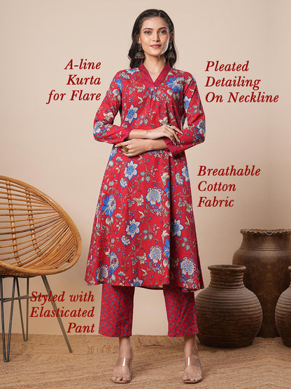 Ethnic Floral Printed A-Line Pleated Kurta with Pant - Red