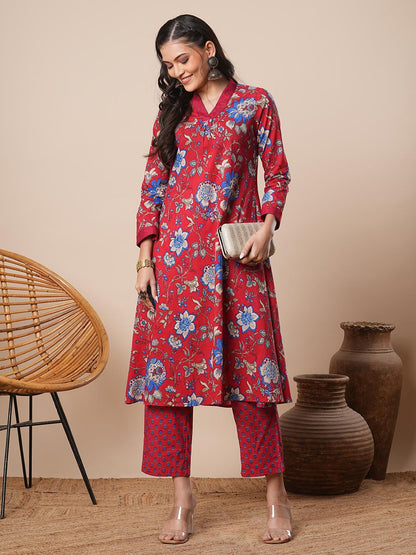 Ethnic Floral Printed A-Line Pleated Kurta with Pant - Red