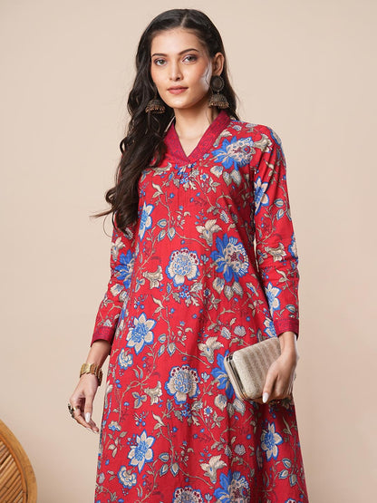 Ethnic Floral Printed A-Line Pleated Kurta with Pant - Red