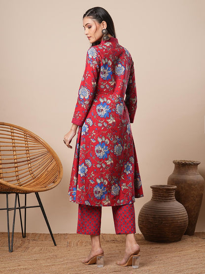 Ethnic Floral Printed A-Line Pleated Kurta with Pant - Red