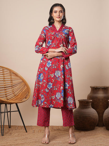 Ethnic Floral Printed A-Line Pleated Kurta with Pant - Red