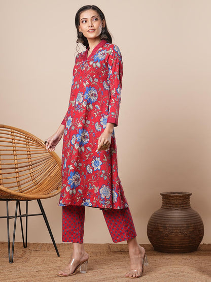 Ethnic Floral Printed A-Line Pleated Kurta with Pant - Red