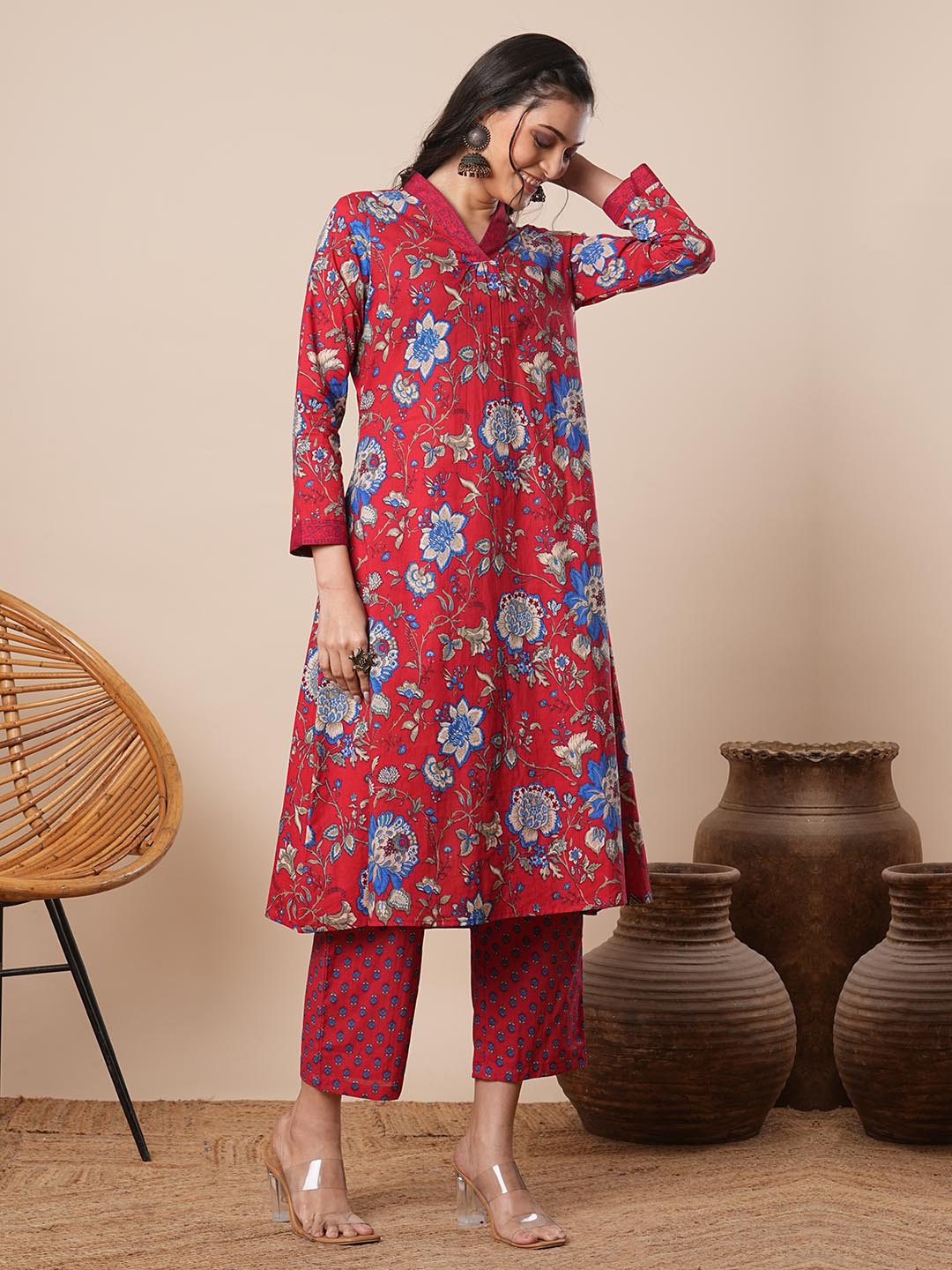 Ethnic Floral Printed A-Line Pleated Kurta with Pant - Red