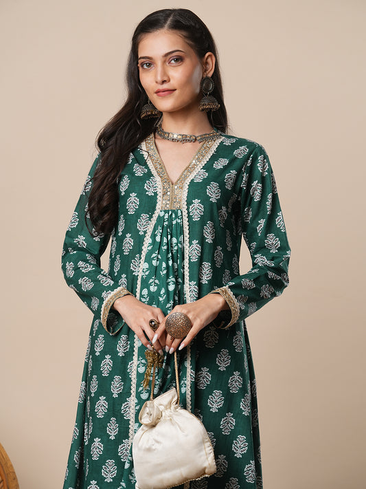 Ethnic Floral Printed A-Line Paneled Kurta with Pant - Green