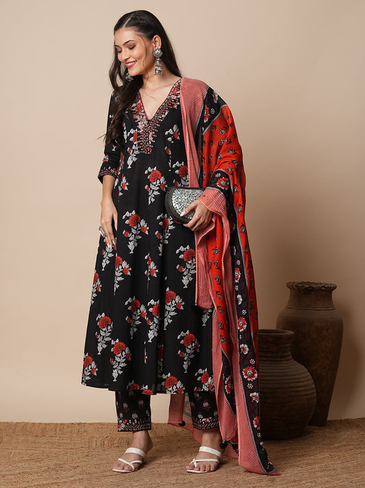Floral Printed & Embroidered Straight Kurta with Pant & Dupatta - Black