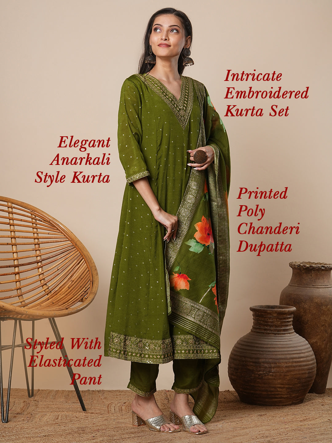 Ethnic Embroidered & Printed Anarkali Kurta with Pant & Dupatta - Green