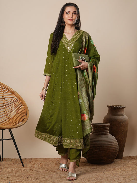 Ethnic Embroidered & Printed Anarkali Kurta with Pant & Dupatta - Green