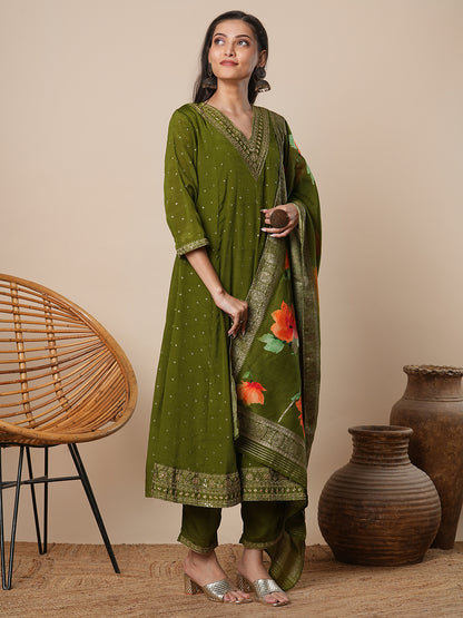 Ethnic Embroidered & Printed Anarkali Kurta with Pant & Dupatta - Green