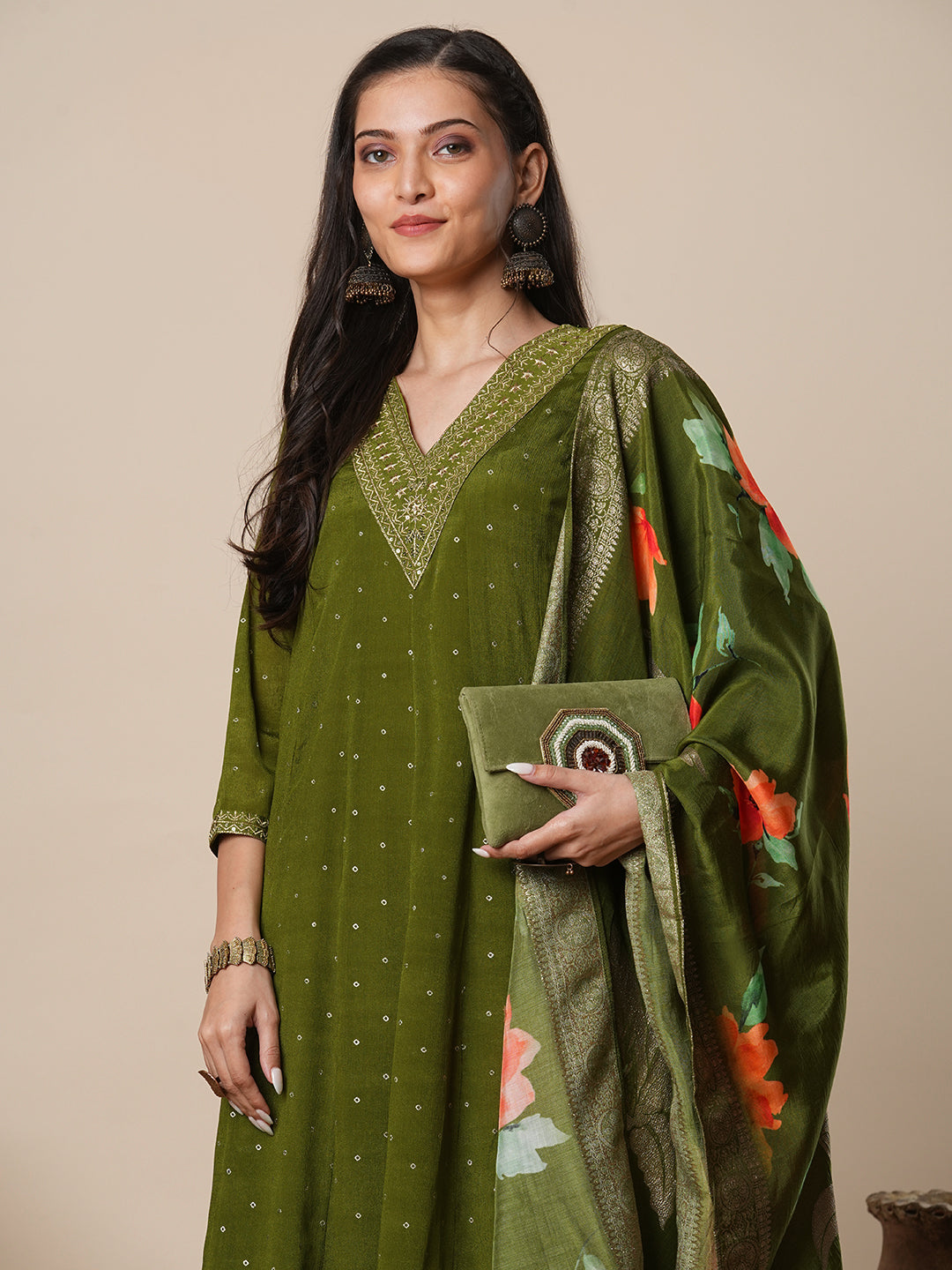 Ethnic Embroidered & Printed Anarkali Kurta with Pant & Dupatta - Green