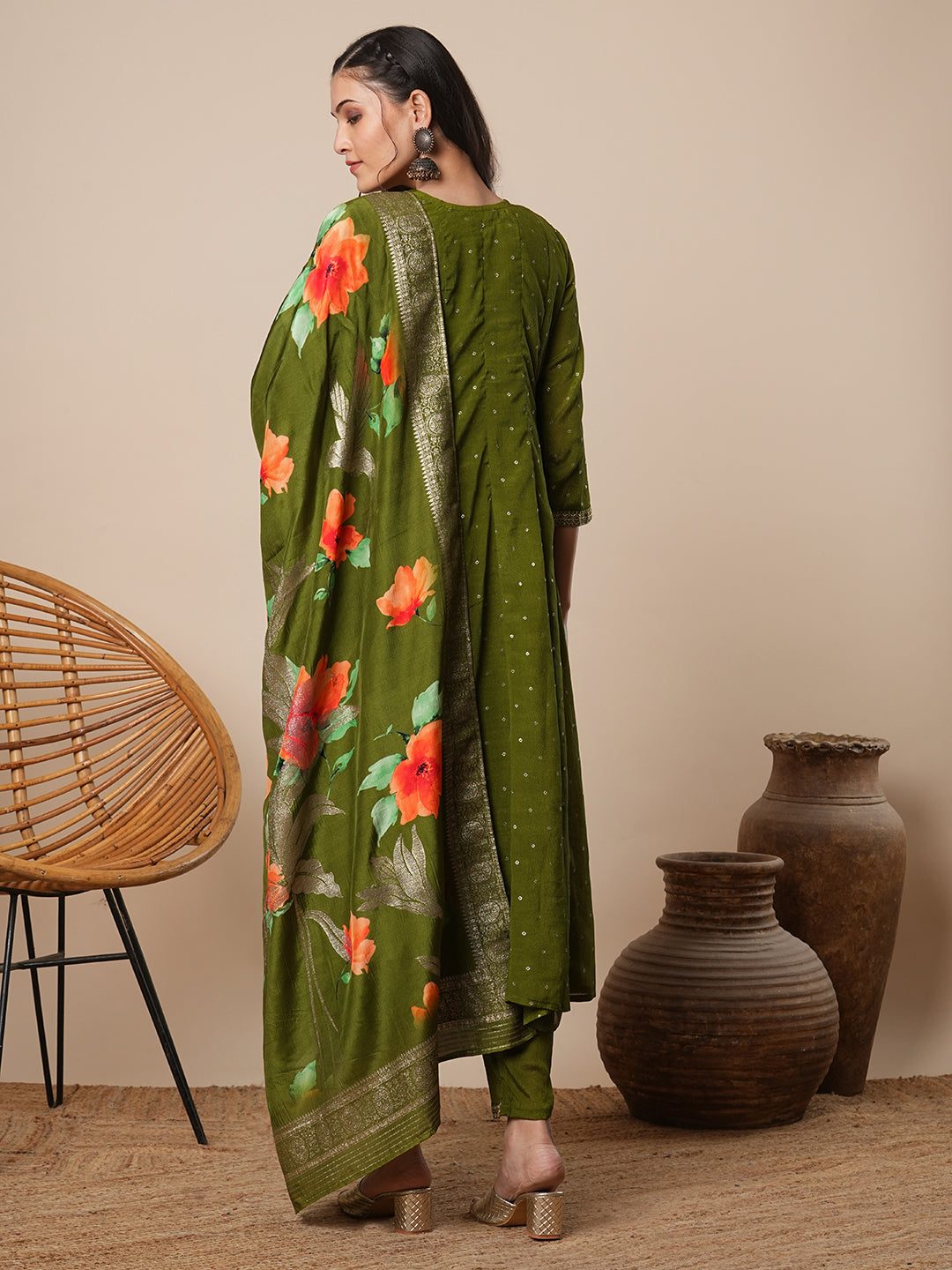 Ethnic Embroidered & Printed Anarkali Kurta with Pant & Dupatta - Green