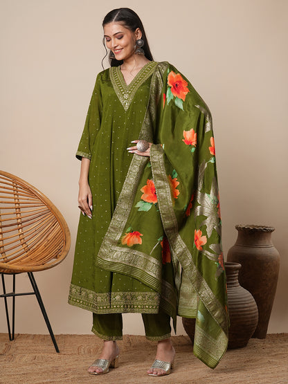 Ethnic Embroidered & Printed Anarkali Kurta with Pant & Dupatta - Green