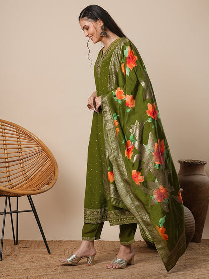 Ethnic Embroidered & Printed Anarkali Kurta with Pant & Dupatta - Green