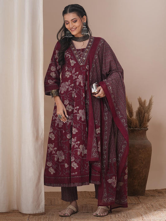 Ethnic Floral Printed Anarkali Kurta with Pant and Dupatta - Maroon